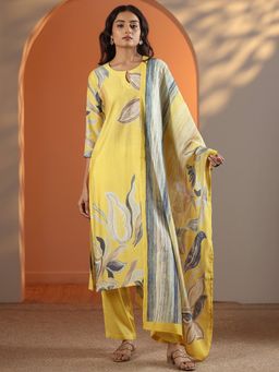 Libas - Yellow Floral Printed Straight Kurta with Pant & Dupatta