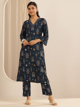 Libas - Navy Blue Silk Blend Ethnic Printed Straight Kurta and Pant