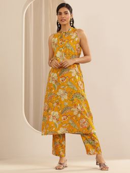 Libas - Mustard Floral Print Straight Kurta and Pant
