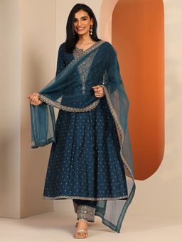 Libas - Teal Zari Woven A-Line Kurta with Pant & Dupatta