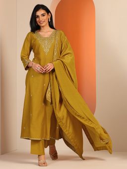 Libas - Mustard Embroidered Zari A-Line Kurta with Pant & Dupatta