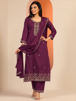 Libas - Burgundy Embroidered Straight Kurta with Pant & Dupatta