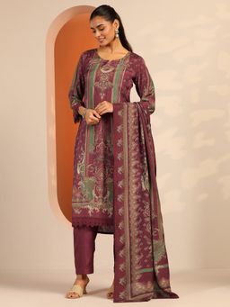 Libas - Maroon Ethnic Printed Straight Kurta with Pant & Dupatta