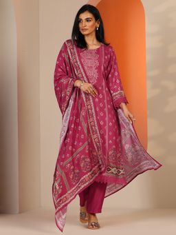 Libas - Pink Ethnic Printed Straight Kurta with Pant & Dupatta