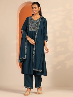 Libas - Teal Silk Blend Embroidered Straight Kurta with Pant & Dupatta