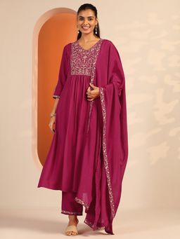 Libas - Pink Silk Blend Embroidered Straight Kurta with Pant & Dupatta