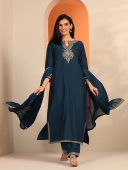 Libas - Teal Silk Blend Embroidered Straight Kurta with Pant & Dupatta