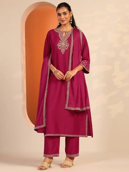 Libas - Pink Silk Blend Embroidered Straight Kurta with Pant & Dupatta
