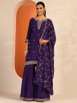 Libas - Purple Chinon Embroidered Straight Kurta with Sharara & Dupatta