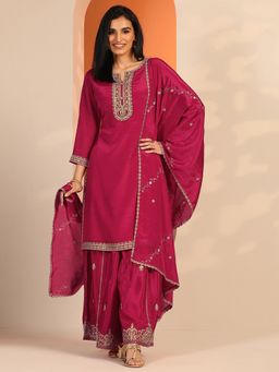 Libas - Pink Chinon Embellished Straight Kurta with Palazzo & Dupatta