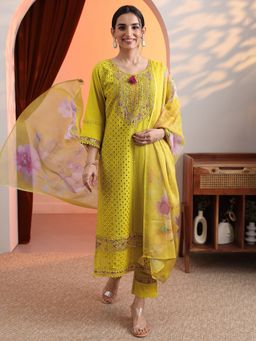 Libas - Yellow Embroidered Schiffli Kurta with Pant & Dupatta