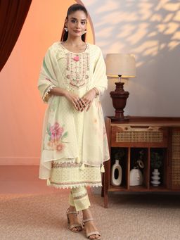 Libas - Off White Embroidered Schiffli Kurta with Pant & Dupatta
