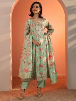 Libas - Green Floral Embellished A Line Kurta with Pant & Dupatta