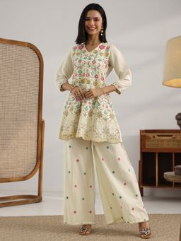 Libas - Off White Embroidered A-Line Kurti with Palazzo