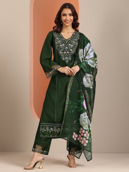Libas - Green Floral Embroidered Straight Kurta with Pant & Dupatta