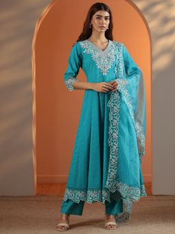 Libas - Turquoise Floral Embroidered Anarkali with Pant & Organza Dupatta
