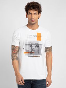 Spykar - Men White Blended Slim Fit Printed Round Neck T-Shirt
