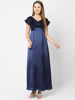 MISH - Navy Satin Pleated Frill Maxi Dress