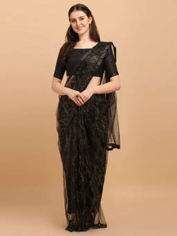 Amrutam Fab - Womens Embellished Net Black Colour Saree With Unstitched Blouse Piece