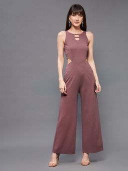 Miss Chase - Women's Mauve Round Sleeveless Polyester Solid Waist Cut-Out Regular Jumpsuit