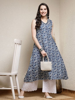 Stylum - Womens Indigo Printed Cotton Blend A-Line Kurta