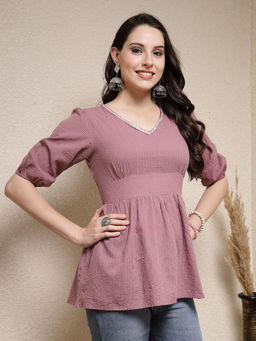 Stylum - Womens Mauve Self Woven- Mirror Work Kantha Cotton Peplum Top