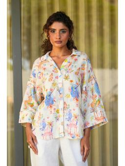 Zebein - Women Off White Printed Linen Back loop Shirt