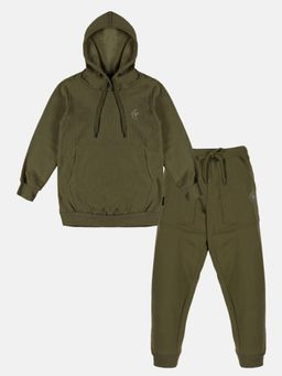 KiddoPanti - Olive Solid Full Sleeve Hooded Sweatshirt and Fleece Track Pant