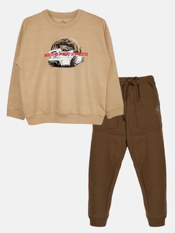 KiddoPanti - Boys Car Printed Round Neck Sweatshirt and Solid Fleece Track Pant