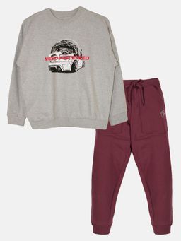 KiddoPanti - Boys Car Printed Round Neck Sweatshirt and Solid Fleece Track Pant