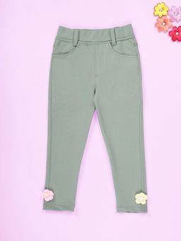 KiddoPanti - Girls Polyester Woven 3D Crochet Flowers Solid Jegging