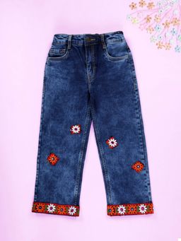 KiddoPanti - Girls Denim Embroidered Ethnic Lace Straight Fit Solid Jeans
