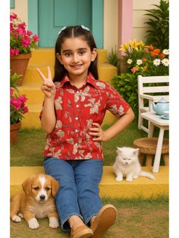 Maaesa - Girls Casual Floral Printed Cotton Half Sleeves Collar Shirt