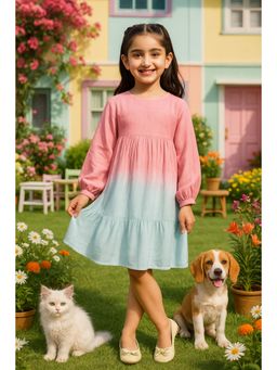 Maaesa - Tie and Dye Dyed 3/4Th Sleeve Gathered or Pleated A-Line Dress