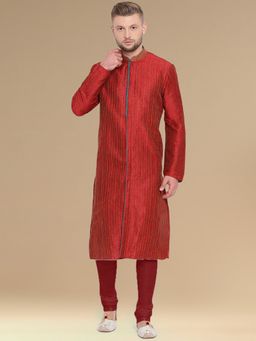 Sanwara - Mens Woven Work Kurta with Pyjama in Maroon (Set of 2)