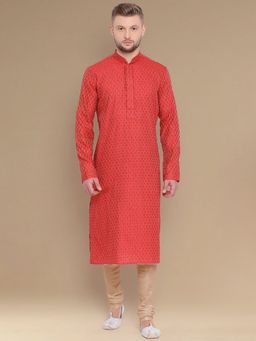 Sanwara - Mens Stylish Woven Design Red Jacquard Kurta & Pyjama (Set of 2)