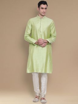 Sanwara - Mens Stylish Woven Work Light Green Kurta with Pyjama (Set of 2)