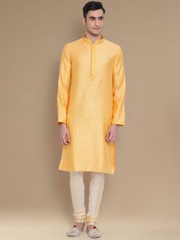 Sanwara - Mens Stylish Woven Work Orange Kurta with Pyjama (Set of 2)