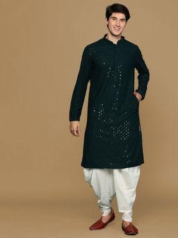 Sanwara - Mens Deep Green Shimmering Chikankari with Sequins Kurta & Dhoti (Set of 2)