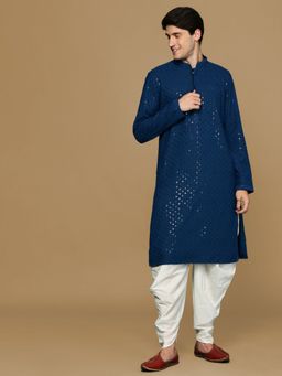 Sanwara - Mens Blue Shimmering Chikankari with Sequins Kurta & Dhoti (Set of 2)