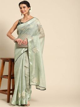 Odette - Green Cotton Embroidered Saree with Unstitched Blouse