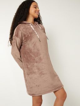 max - Women Fuzzy Hooded Nightdress Brown