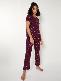 max - Women Heart Print Pyjama with T-Shirt Maroon
