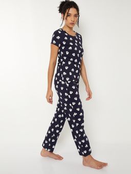 max - Women Heart Print Pyjama with T-Shirt Navy Blue