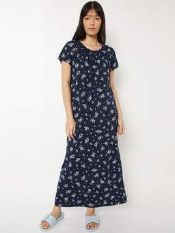 max - Women Floral Print Night Gown Navy Blue