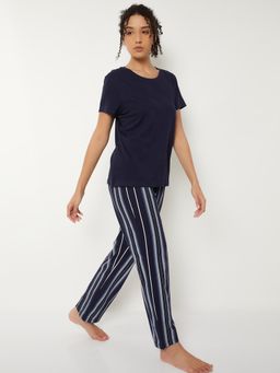max - Women Striped Pyjama with T-Shirt Navy Blue