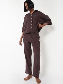 max - Women Textured Pyjama with Shirt Brown