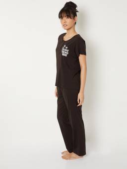 max - Women Placement Print Pyjama with T-Shirt Brown