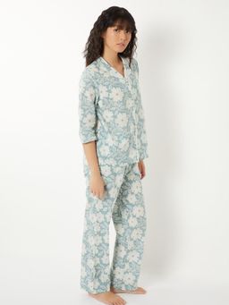 max - Women Pure Cotton Floral Printed Pyjama with Shirt Green