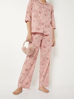 max - Women Pure Cotton Floral Printed Pyjama with Shirt Brown